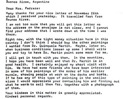 Carta a la señora Pedraza por la adquisición de una obra de BQM