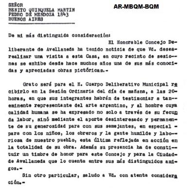 Carta relativa a la visita de Quinquela Martín al Consejo de Avellaneda
