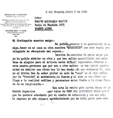 Carta  por compra del cuadro Atardecer de Quinquela