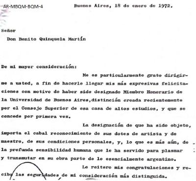  Carta por declaración de Quinquela como Miembro Honorario de la Universidad de Buenos Aires